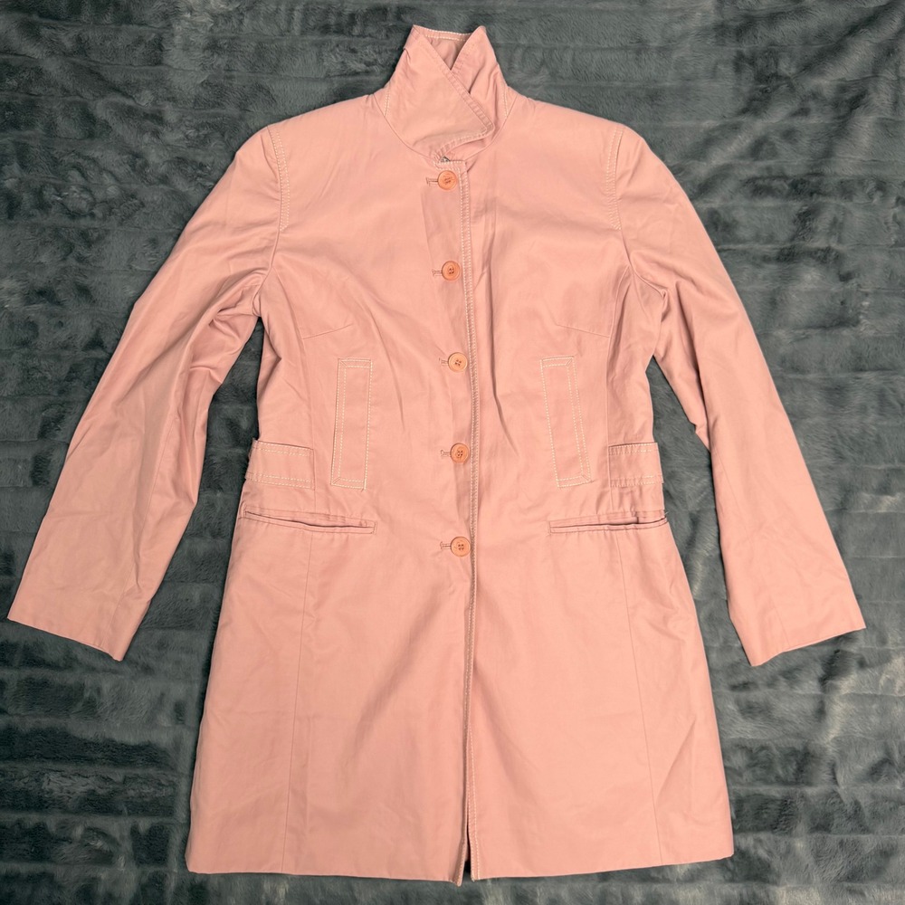 Ann Taylor LOFT Trench Coat Womens SP Pink Funnel Neck Contrast Stitch Jacket